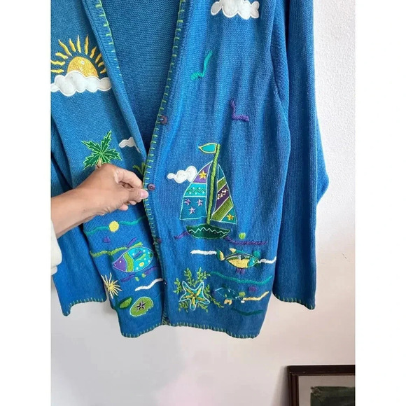 The Quacker Factory Blue Long Sleeve Embroidered knit Cardigan Sweater Size L - Picture 3 of 5